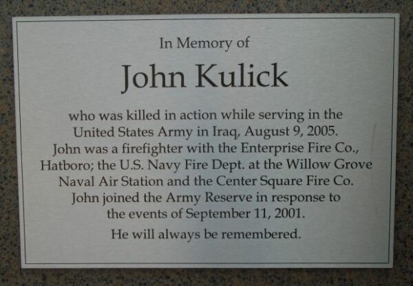 IN MEMORY OF JOHN KULICK WAR MEMORIAL PLAQUES