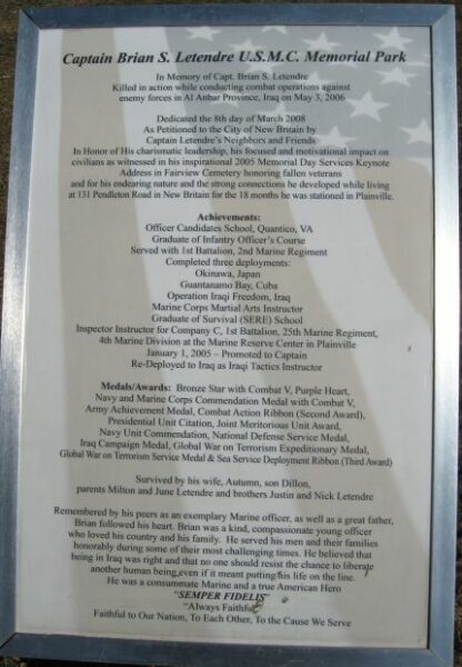 CAPTAIN BRIAN S. LETENDRE U.S.M.C. MEMORIAL PARK PLAQUE