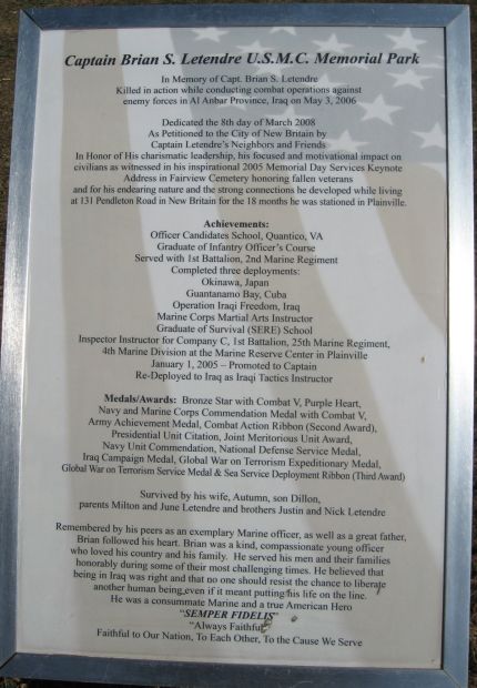 CAPTAIN BRIAN S. LETENDRE U.S.M.C. MEMORIAL PARK PLAQUE