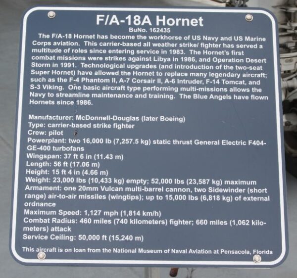 F/A-18A HORNET WAR MEMORIAL AIRCRAFT PLAQUE