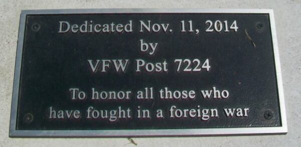VFW POST 7224 WAR VETERANS MEMORIAL PLAQUE