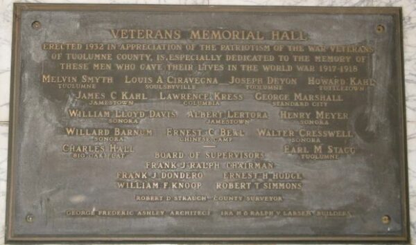 TUOLUMNE COUNTY VETERANS MEMORIAL BUILDING PLAQUE B