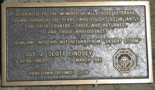 SGT. J. SCOTT LINDAY MEMORIAL FLAG POLE PLAQUE