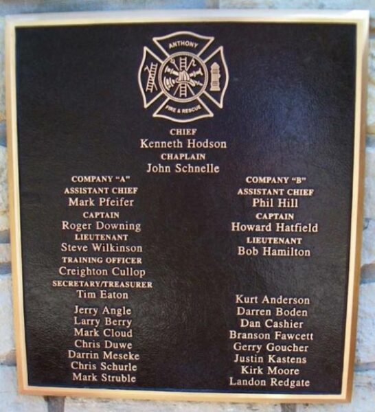 CITY OF ANTHONY SEPTEMBER 11, 2001 MEMORIAL PLAQUE G