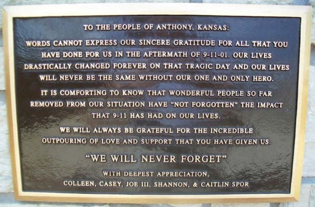 CITY OF ANTHONY SEPTEMBER 11, 2001 MEMORIAL PLAQUE E