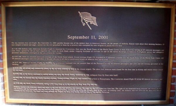 CITY OF ANTHONY SEPTEMBER 11, 2001 MEMORIAL PLAQUE A