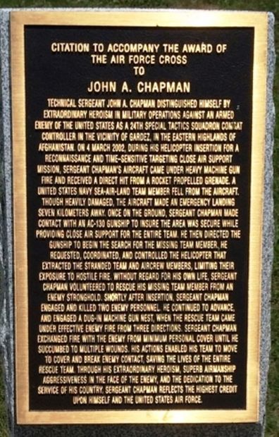 JOHN A. CHAPMAN AIR FORCE CROSS CITATION MEMORIAL PLAQUE
