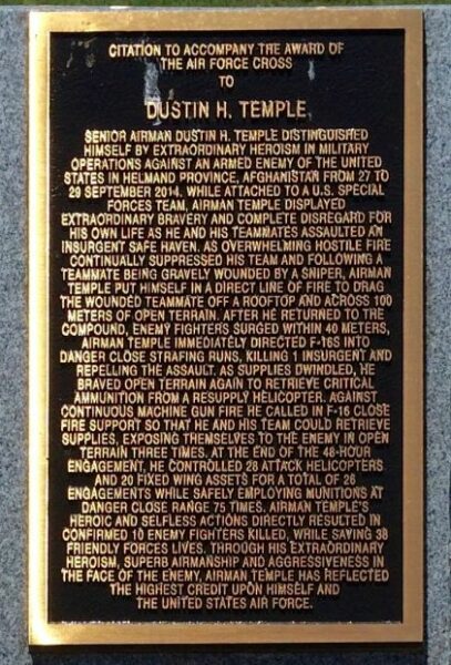 DUSTIN H. TEMPLE AIR FORCE CROSS CITATION MEMORIAL PLAQUE