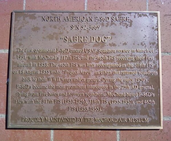 NORTH AMERICAN F-86D SABRE MEMORIAL AIRCRAFT PLAQUE