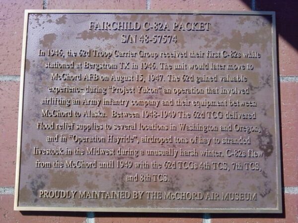 FAIRCHILD C-82A PACKET MEMORIAL AIRCRAFT PLAQUE