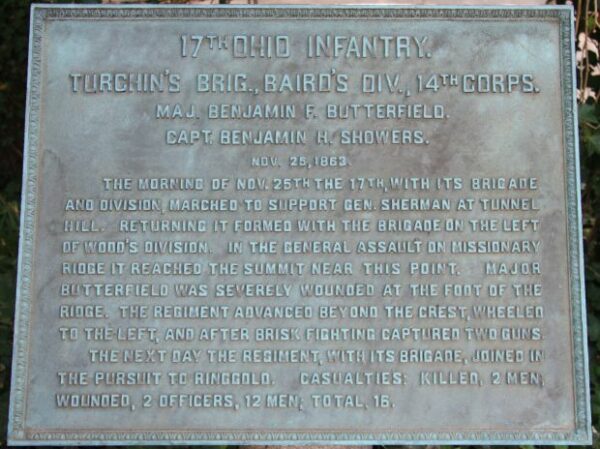 17TH OHIO INFANTRY 14TH CORPS WAR MEMORIAL PLAQUE