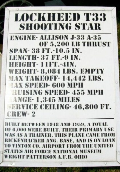 LOCKHEED T33 SHOOTING STAR MEMORIAL AIRCRAFT PLAQUE