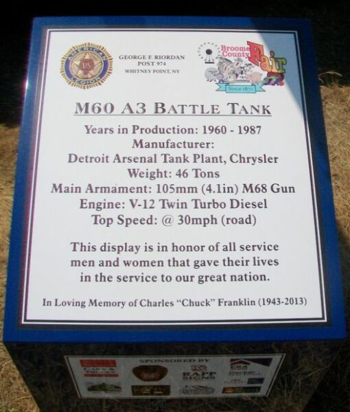 M60 A3 BATTLE TANK WAR MEMORIAL PLAQUE
