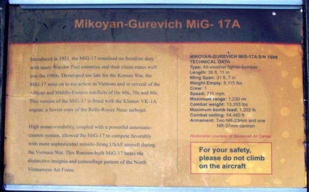 MIKOYAN-GUREVICH MIG-17A MEMORIAL PLAQUE B