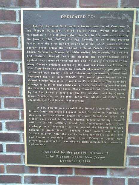 1ST SGT. LEONARD G. LOMELL WAR MEMORIAL PLAQUE