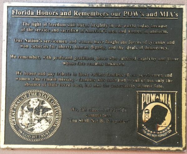 FLORIDA HONORS AND REMEMBERS OUR POW’S AND MIA’S MEMORIAL PLAQUE SAINT AUGUSTINE