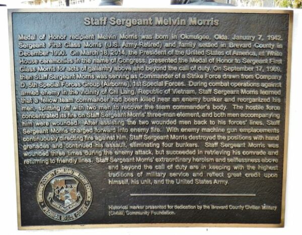 STAFF SERGEANT MELVIN MORRIS MEDAL OF HONOR WAR MEMORIAL PLAQUE