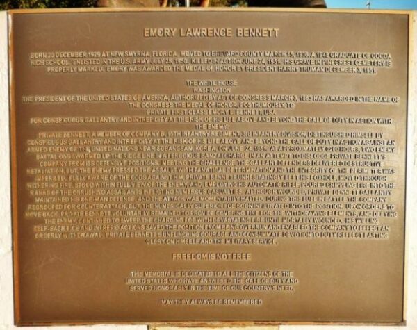 EMORY LAWRENCE BENNETT MEDAL OF HONOR WAR MEMORIAL PLAQUE