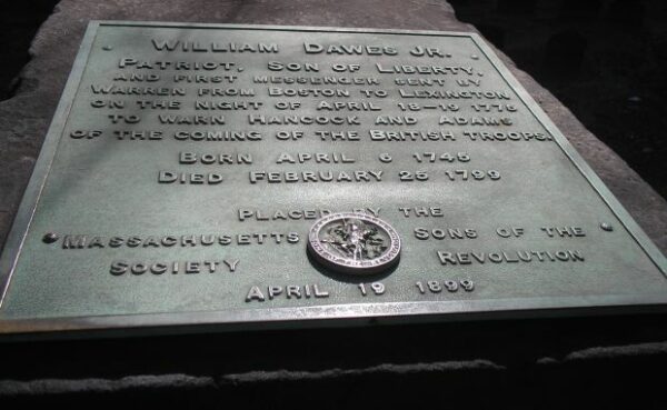 WILLIAM DAWES JR. REVOLUTIONARY WAR MEMORIAL PLAQUE