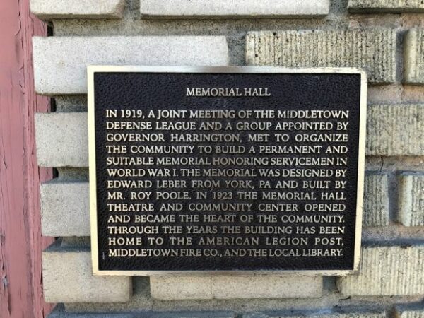 MIDDLETOWN, MD MEMORIAL HALL PLAQUE