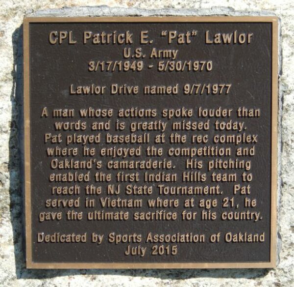 CPL PATRICK E. “PAT” LAWLOR WAR MEMORIAL PLAQUE
