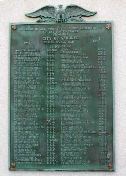 CITY OF GARDNER WORLD WAR II MEMORIAL PLAQUE