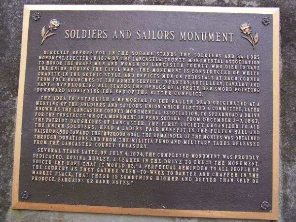 LANCASTER COUNTY SOLDIERS AND SAILORS MONUMENT PLAQUE