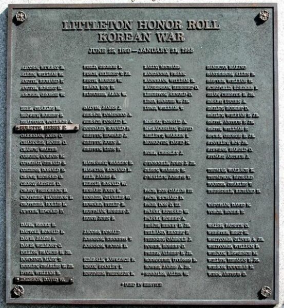 LITTLETON HONOR ROLL KOREAN WAR MEMORIAL PLAQUE