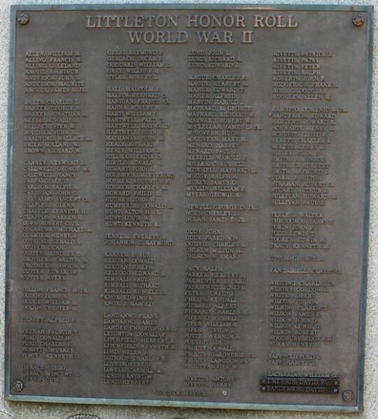 LITTLETON HONOR ROLL WORLD WAR II MEMORIAL PLAQUE
