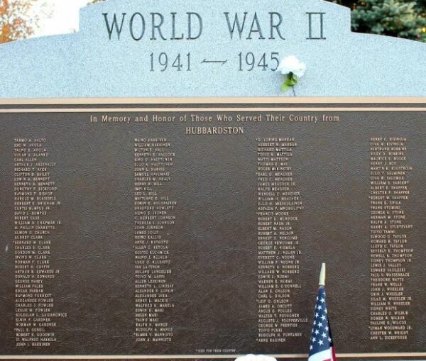 HUBBARDSTON WORLD WAR II MEMORIAL PLAQUE