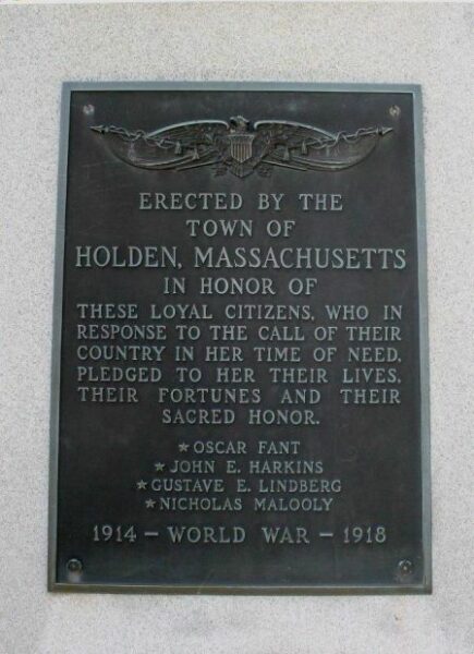 TOWN OF HOLDEN WORLD WAR MEMORIAL PLAQUE A