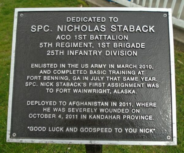 SPC. NICHOLAS STABACK WAR MEMORIAL PLAQUE