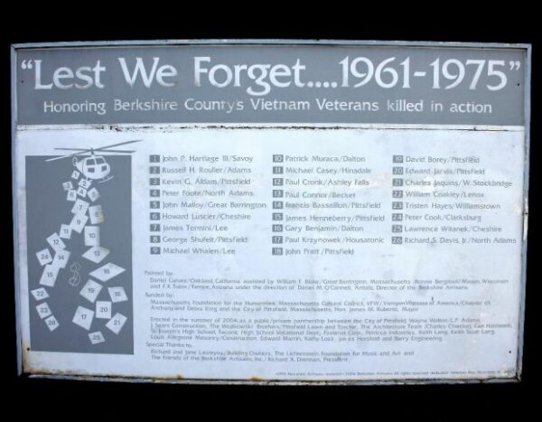 BERKSHIRE COUNTY “LEST WE FORGET…1961-1975 VIETNAM VETERANS KILLED IN ACTION MEMORIAL PLAQUE