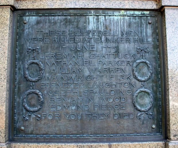 PEPPERELL MEN KILLED AT BUNKER HILL MEMORIAL PLAQUE