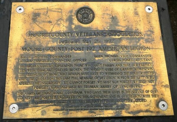 MOORE COUNTY WAR VETERANS MEMORIAL PLAQUE