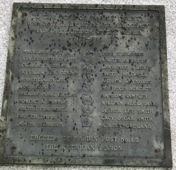 MARION COUNTY WORLD WAR MEMORIAL PLAQUE