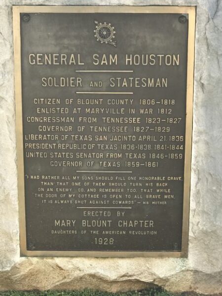 GENERAL SAM HOUSTON WAR MEMORIAL PLAQUE