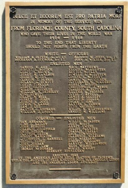 FLORENCE COUNTY WORLD WAR MEMORIAL PLAQUE
