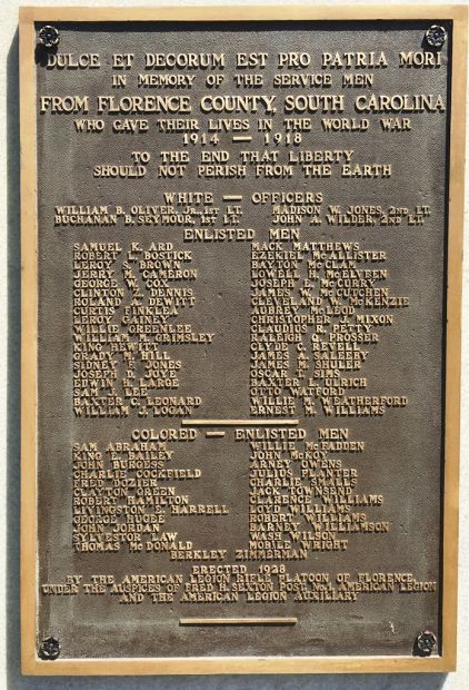 FLORENCE COUNTY WORLD WAR MEMORIAL PLAQUE