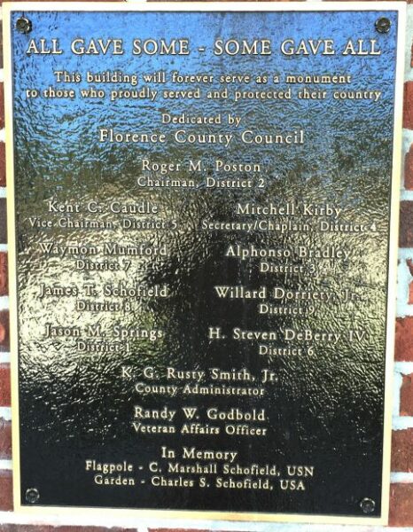 FLORENCE COUNTY ALL GAVE SOME-SOME GAVE ALL MEMORIAL BUILDING PLAQUE