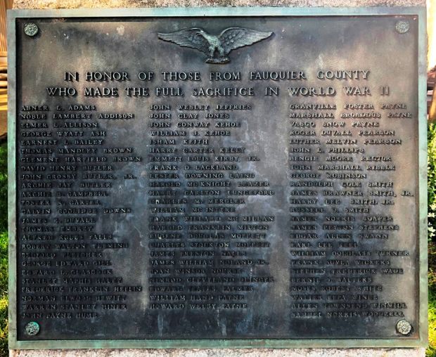 FAUQUIER COUNTY FULL SERVICE WORLD WAR II MEMORIAL PLAQUE