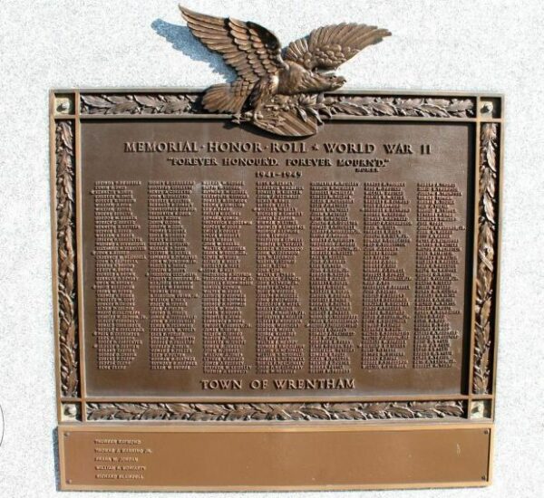 TOWN OF WRENTHAM WORLD WAR II MEMORIAL PLAQUE