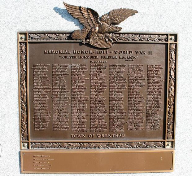 TOWN OF WRENTHAM WORLD WAR II MEMORIAL PLAQUE