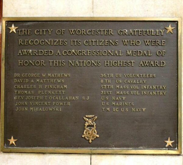WORCESTER MEDAL OF HONOR WAR MEMORIAL PLAQUE