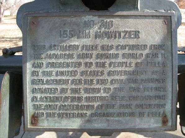 PELLA WORLD WAR II MEMORIAL CANNON PLAQAUE