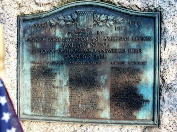 TOWN OF WEST BOYLSTON WORLD WAR I MEMORIAL PLAQUE