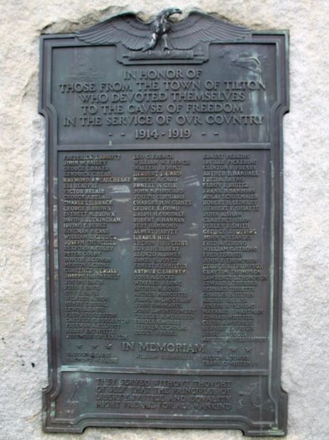 TOWN OF TILTON WORLD WAR I MEMORIAL PLAQUE