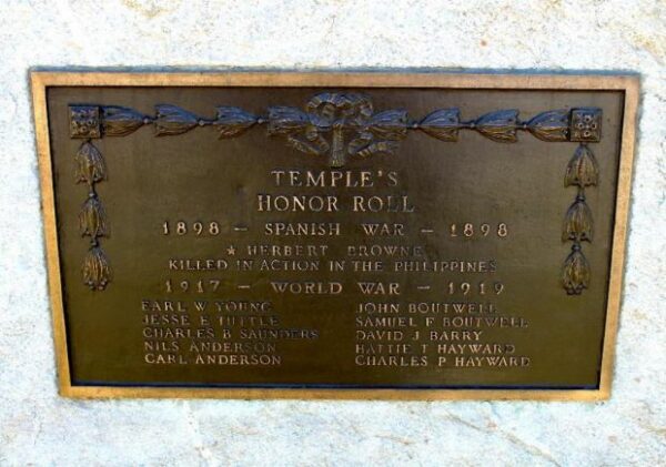 TEMPLE’S SPANISH WAR AND WORLD WAR HONOR ROLL MEMORIAL PLAQUE
