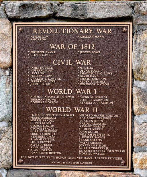 RANDOLPH WAR VETERANS MEMORIAL PLAQUE A
