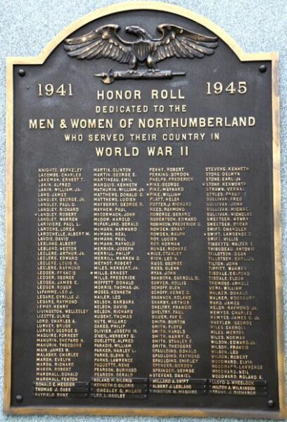 NORTHUMBERLAND WORLD WAR II MEMORIAL BACK PLAQUE